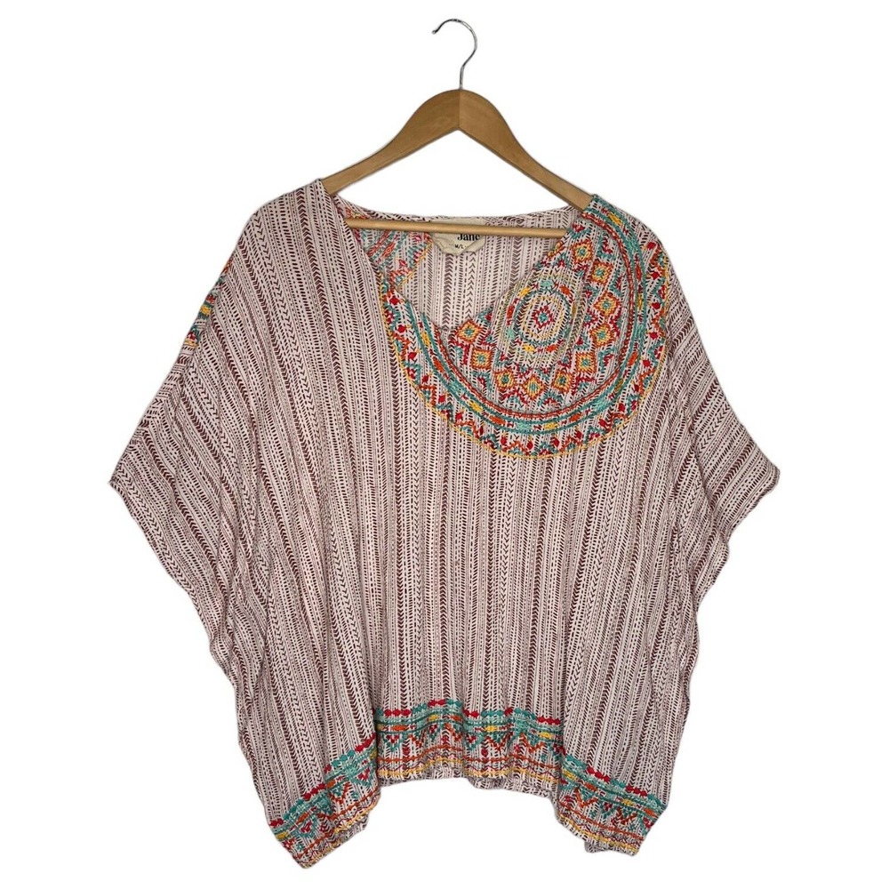 Savanna Jane Top Womens M L Embroidered Boho Short Dolman Sleeve V Neck Ivory